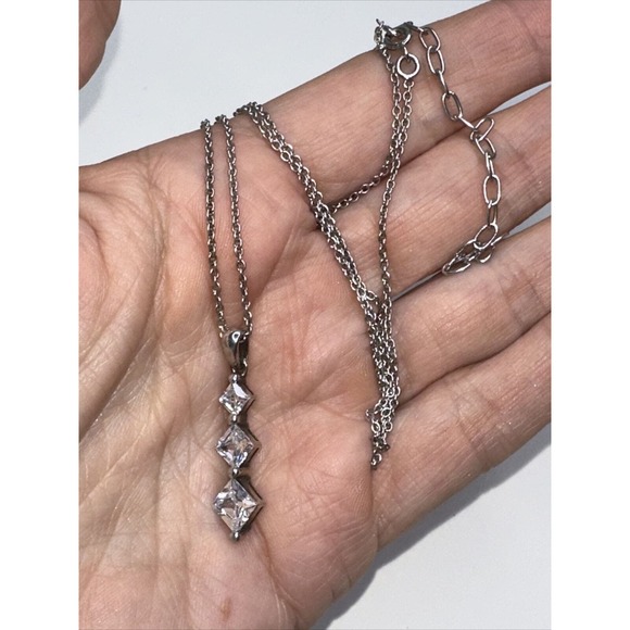 Sterling Silver Necklace Pendant CZ Three Square Faceted Drop 18-21" - Picture 7 of 12